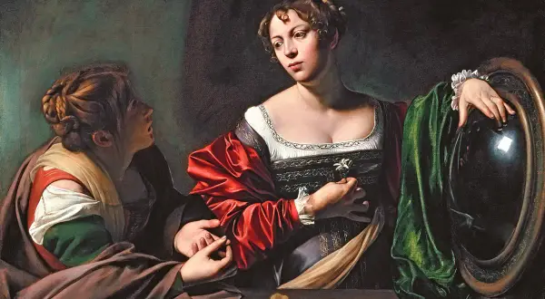 Maria Magdalena w obrazie Caravaggia, zamyślona, trzyma kwiat. Obok niej druga kobieta, symbolizująca pokusę.