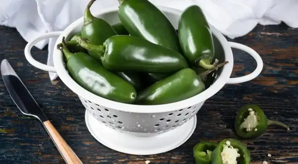 Świeże, zielone papryczki **jalapeno** w durszlaku, gotowe do przygotowania pikantnych potraw. Kilka przekrojonych sztuk pokazuje ich wnętrze.
