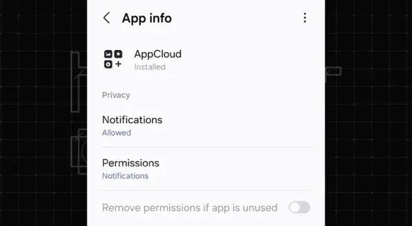 Informations sur l'application AppCloud sur Samsung. Notifications autorisées, permissions à gérer.