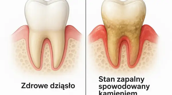 Porównanie zdrowego zęba i zęba z kamieniem nazębnym. Czy kamień nazębny może sam odpaść? Nie, wymaga profesjonalnego czyszczenia.