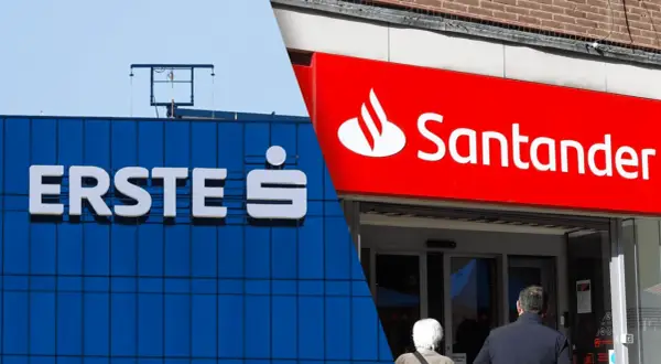 Budynek Erste Bank i wejście do placówki Santander. Zapomniałem hasła do banku Santander.