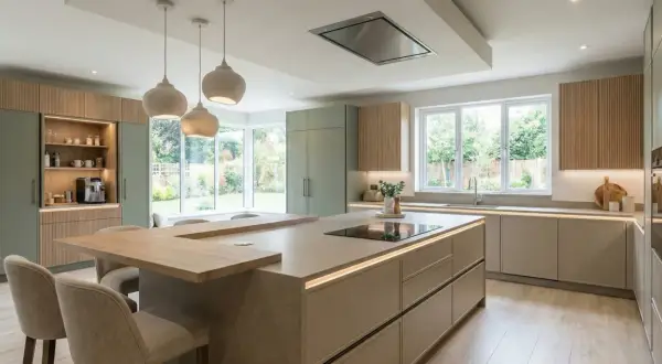 Cocina moderna y luminosa, ideal para reformar una cocina con estilo. Isla central con encimera de cuarzo y detalles de madera.