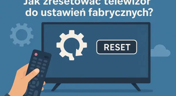 Instrukcja: jak zresetować telewizor Samsung do ustawień fabrycznych. Pilot w dłoni, ekran z ikoną resetu i koła zębate.