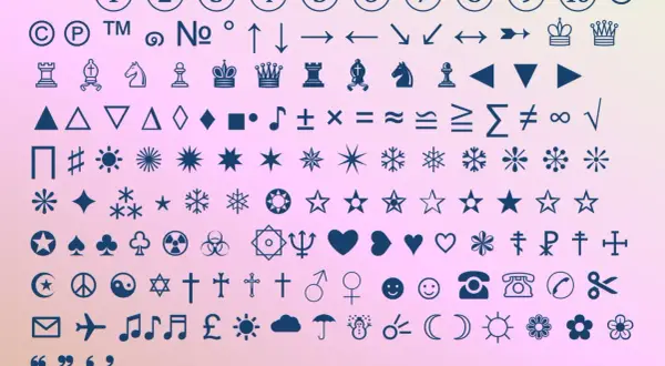 Zbiór symboli matematycznych i graficznych, w tym cyfry, strzałki, figury geometryczne, symbole religijne i inne.