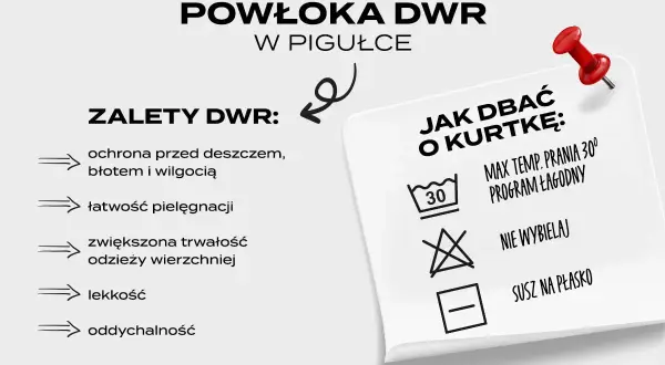 DWR co to? Powłoka DWR chroni przed deszczem, błotem i wilgocią, ułatwia pielęgnację i zwiększa trwałość odzieży.