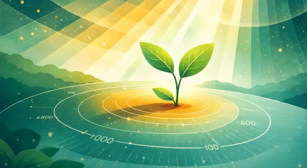 En grön planta växer i solljus, som en reflektor som lyser upp framtiden. Cirklar med siffror indikerar tillväxt.