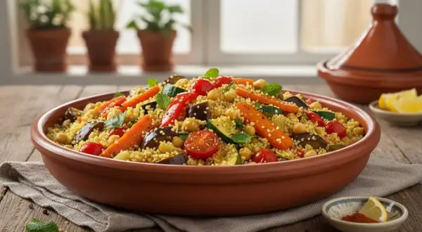 Un saporito cous cous con verdure miste, ceci e menta, servito in una ciotola di terracotta.