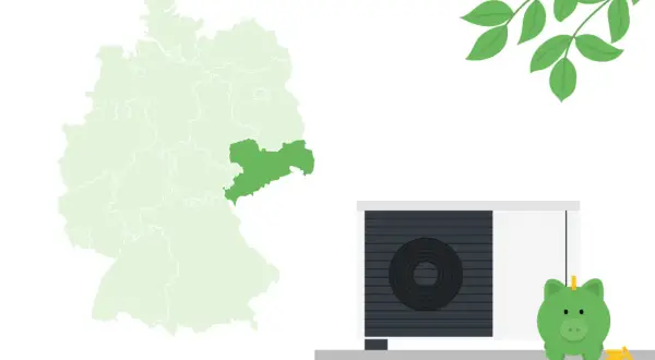 Sachsen hebt sich auf der Deutschlandkarte ab. Eine Wärmepumpe und ein Sparschwein deuten auf das neue Heizungsgesetz hin.