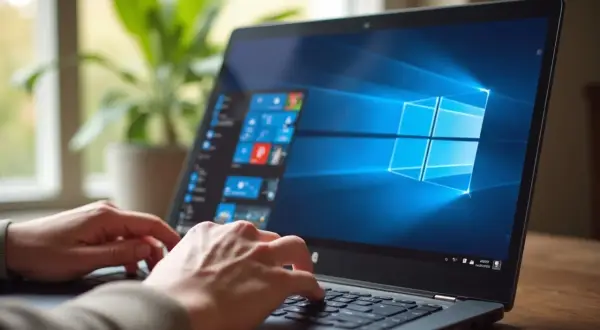 Dłonie piszące na laptopie z widocznym logo Windows 10 na ekranie.
