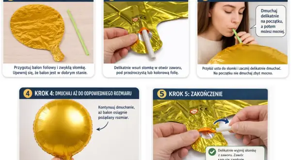 Instrukcja dmuchania złotego balona foliowego. Krok po kroku, jak stworzyć balonowy kwiatek, używając słomki.