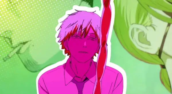 Ein Mann mit pinker Haut und zerzaustem Haar, der auf eine blutige Stange blickt. Im Hintergrund eine Frau mit grünen Haaren. Ein Vorgeschmack auf Chainsaw Man Staffel 2.