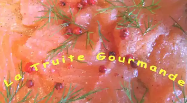 Carpaccio de truite finement tranché, parsemé de baies roses et d'aneth frais. Un délice gourmand.