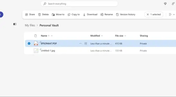 OneDrive interface showing a PDF and JPG file in a "Personal Vault" folder, similar to free file sharing sites like Dropbox.