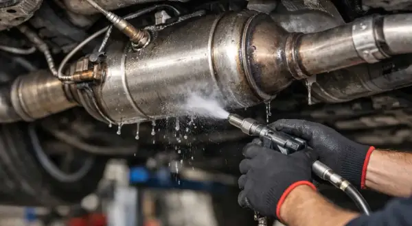 Un mécanicien nettoie un FAP de voiture. Pour savoir si votre voiture a un FAP, vérifiez la présence d'un filtre à particules sur la ligne d'échappement.