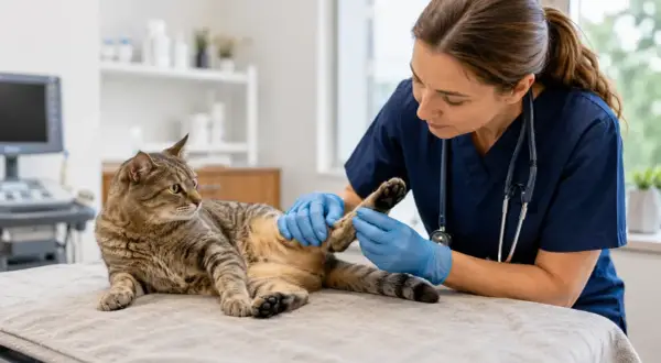 Veterinarian in blue scrubs and gloves gently examines a tabby cat's back legs on an examination table.