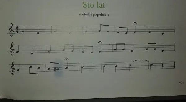 Zapis nutowy melodii "Sto lat" do zagrania na keyboardzie.