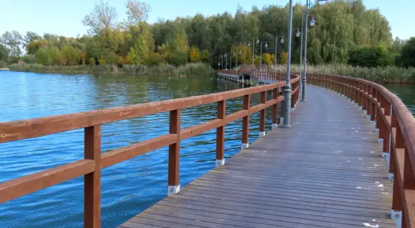 Drewniana kładka wije się nad wodą jeziora Chełmżyńskiego, otoczona jesienną zielenią.