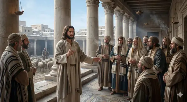 Jesus lehrt seine Jünger, wie in Johannes 5,30 beschrieben. Er steht vor einer Gruppe von Männern, während Schafe im Hintergrund grasen.