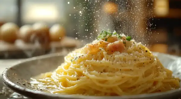 Pyszna carbonara z chrupiącym boczkiem, posypana parmezanem i świeżą natką. Idealny boczek do carbonary to klucz do sukcesu.