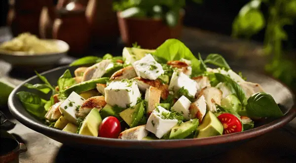 En lyxig kycklingsallad med avokado, fetaost och körsbärstomater. Ett perfekt recept för en lätt och smakrik måltid.