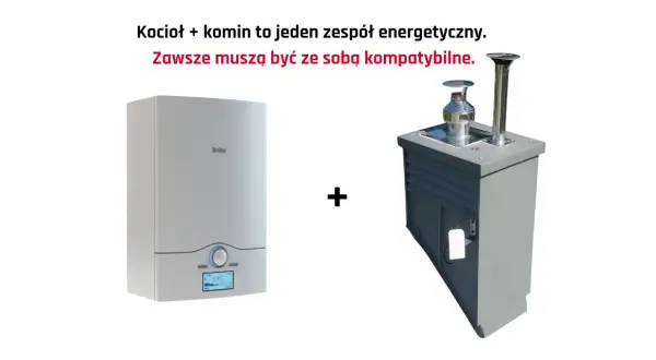 Nowoczesny kocioł i szary wkład do komina, tworzące spójny system energetyczny.