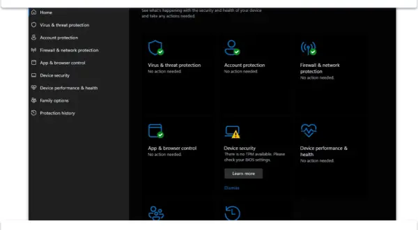 Interfejs Windows Defender z sekcjami ochrony: wirusów, konta, sieci. Wszystko działa, ale czy to wystarczy?