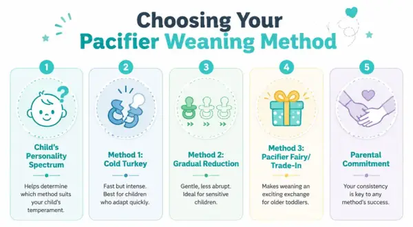 Choosing your pacifier weaning method: Child's personality, cold turkey, gradual reduction, pacifier fairy, and parental commitment are key to avoiding long term effects of pacifier use.