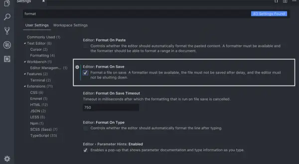 Paramètres VS Code : l'option "Format On Save" est activée, formatant automatiquement le fichier lors de son enregistrement.