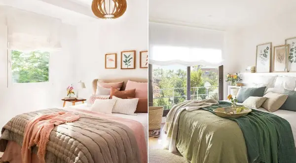 Two cozy bedrooms showcase how to layer bedding with plush throws and decorative pillows in soft, natural tones.
