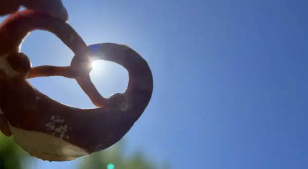 Ein Brezel wird gegen die Sonne gehalten. Woher kommen Brezeln? Aus dem Teig, der zu dieser Form geknetet wird.