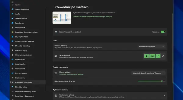 Ustawienia programu PowerToys: moduł Przewodnik po skrótach pozwala na wyświetlanie podpowiedzi ze skrótami klawiszowymi systemu Windows.