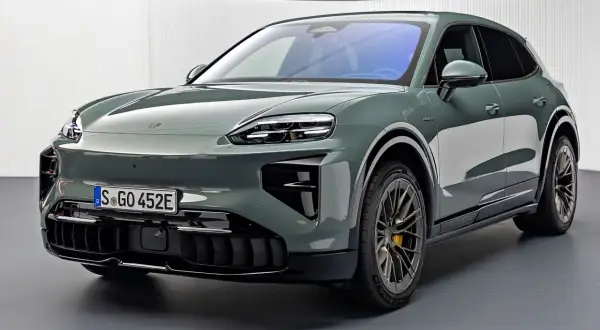 Nowy, zielony SUV Porsche z rodziny elektrycznych modele porsche, z charakterystycznymi światłami i felgami.
