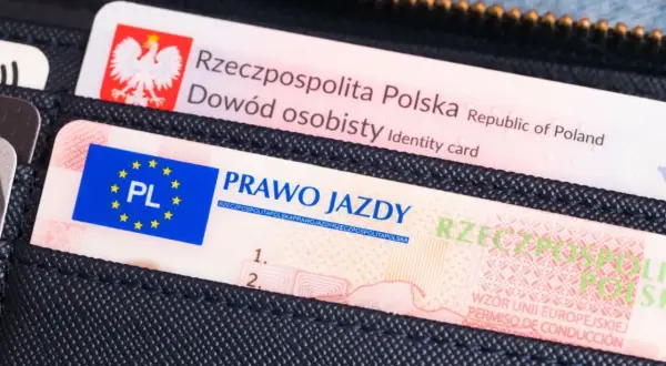 Polskie prawo jazdy i dowód osobisty w portfelu. Numer prawa jazdy jest widoczny na dokumencie.