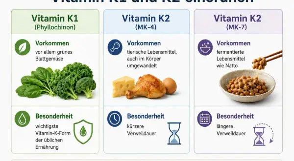 Vitamin K1 aus grünem Gemüse, K2 (MK-4) aus tierischen Lebensmitteln und K2 (MK-7) aus fermentierten Lebensmitteln wie Natto.
