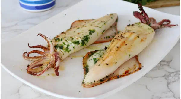 Due calamari alla griglia, conditi con erbe aromatiche, serviti su un piatto bianco.
