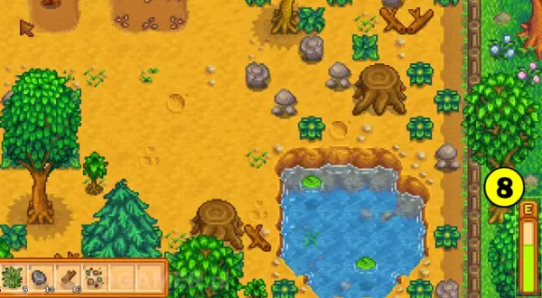 Stardew Valley poradnik: farma z drzewami, kamieniami, stawem i ikoną "8".