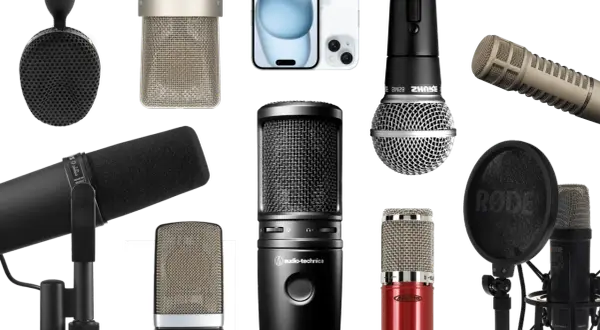 Verschiedene Mikrofone für Gesang und Aufnahme, darunter ein Shure SM7B und ein Audio-Technica.