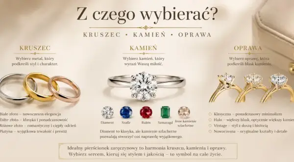 Idealny pierścionek zaręczynowy to harmonia kruszcu, kamienia i oprawy. Wybierz sercem, kierując się stylem i jakością – to symbol na całe życie.