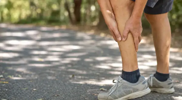 Uomo con dolore alle gambe, difficoltà a camminare su un sentiero ombreggiato.