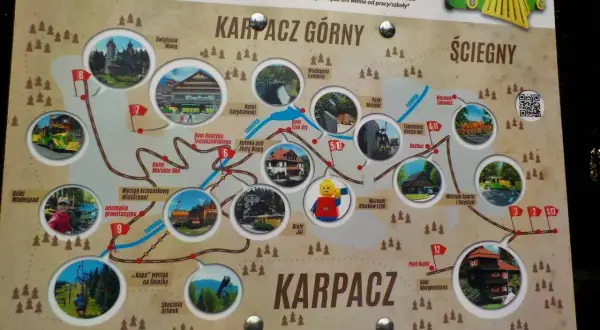 Mapa atrakcji Karpacza z zaznaczonymi miejscami, idealna na wycieczkę z dziećmi.