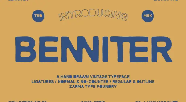 Retro graphic design showcasing the "BENNITER" typeface. This hand-drawn font, with its vintage appeal, is presented in a bold, blue sans-serif style.
