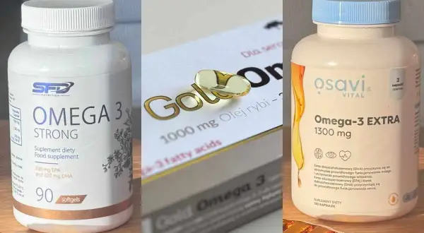 Trzy suplementy diety z kwasami omega-3: SFD Omega 3 Strong, Gold Omega 3 i Osavi Omega-3 EXTRA.