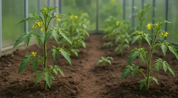 Młoda sadzonka pomidora w szklarni, z pierwszymi żółtymi kwiatami. W tle kolejne rośliny.