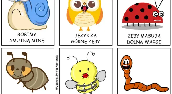 Zestaw logopedyczne prztyczki: ślimak robi smutną minę, sowa pokazuje język za górne zęby, biedronka masuje zęby dolną wargę, mrówka uśmiecha się bez pokazywania zębów, pszczoła wysyła buziaki, dżdżownica klaszcze.