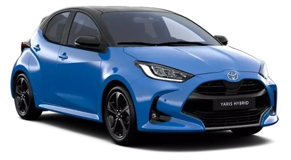 Niebieski Toyota Yaris Hybrid z czarnym dachem. Sprawdź jego kompaktowe toyota yaris wymiary, idealne do miasta.