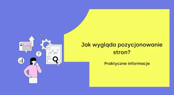 Ilustracja wyjaśnia, na czym polega pozycjonowanie stron. Widzimy schematyczne wykresy, lupę i postać zastanawiającą się nad analizą danych.