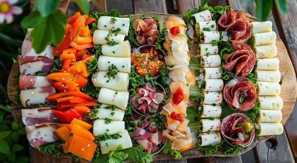 Plateau généreux pour un apéritif provençal : fromages roulés, charcuteries fines, poivrons colorés et olives.
