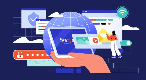 Mano sostiene tablet con logo Fire TV, rodeado de elementos digitales como un globo terráqueo, ventanas de navegador, un candado y una persona interactuando con un email.
