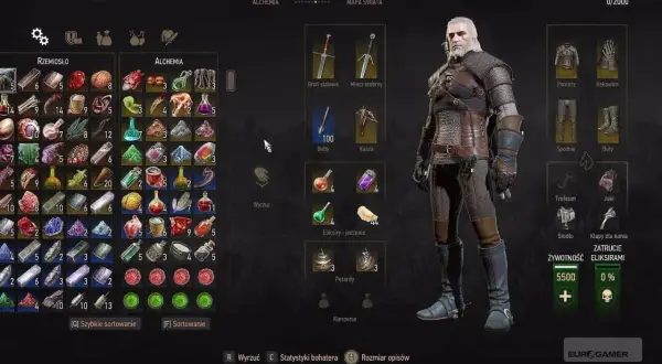 Geralt z Rivii w ekwipunku Wiedźmin 3 Krew i Wino. Widoczne przedmioty rzemiosła, alchemii, eliksiry i jedzenie.