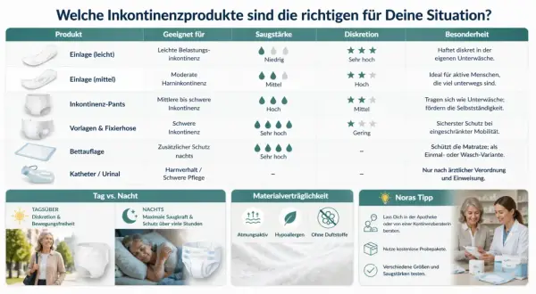 Die Tabelle zeigt, was zahlt die Krankenkasse an Inkontinenzmaterial. Sie vergleicht Produkte, Saugstärke, Diskretion und Besonderheiten.